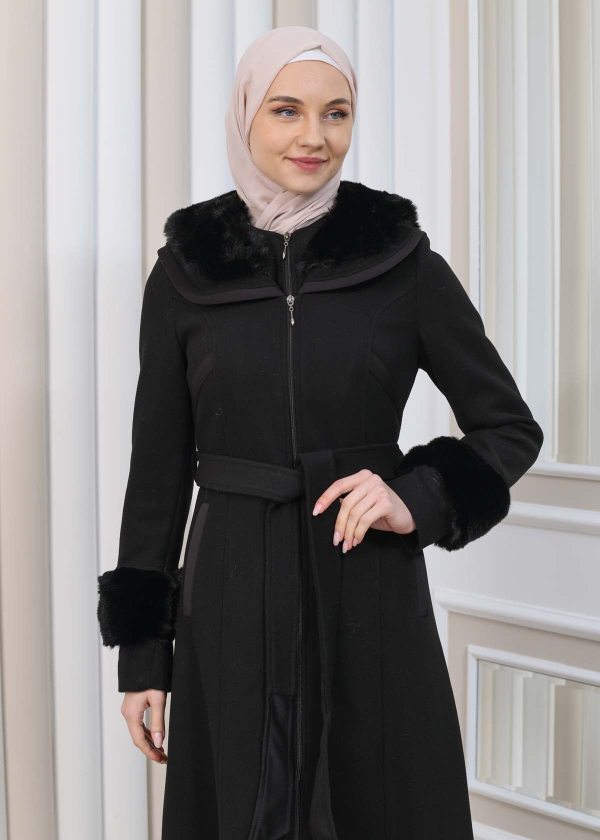 FURRY HOODED ZIPPERED OVERSIZED SUEDE TOPCOAT 1353 - Schwarz