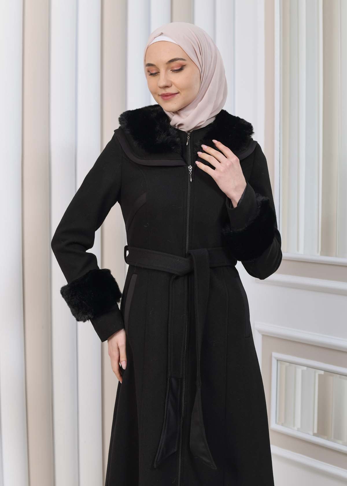 FURRY HOODED ZIPPERED OVERSIZED SUEDE TOPCOAT 1353 - Schwarz