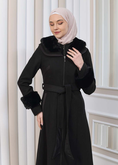 FURRY HOODED ZIPPERED OVERSIZED SUEDE TOPCOAT 1353 - Schwarz