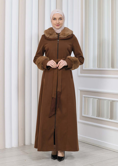 FURRY HOODED ZIPPERED OVERSIZED SUEDE TOPCOAT 1353 - Braun