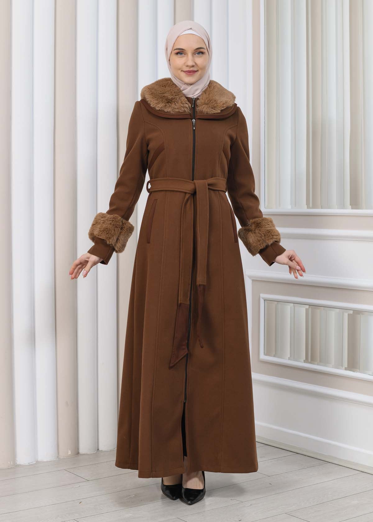 FURRY HOODED ZIPPERED OVERSIZED SUEDE TOPCOAT 1353 - Braun