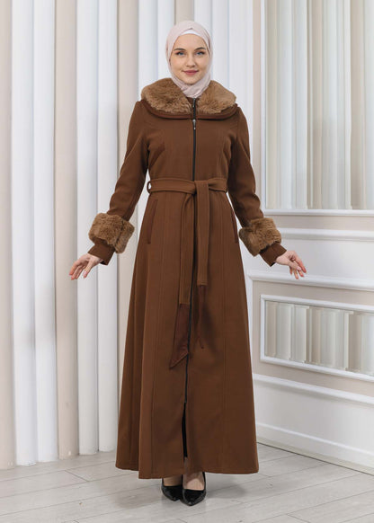 FURRY HOODED ZIPPERED OVERSIZED SUEDE TOPCOAT 1353 - Braun