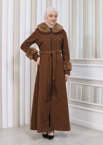 FURRY HOODED ZIPPERED OVERSIZED SUEDE TOPCOAT 1353 - Braun