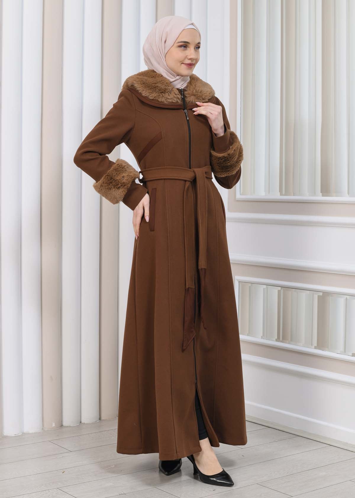 FURRY HOODED ZIPPERED OVERSIZED SUEDE TOPCOAT 1353 - Braun