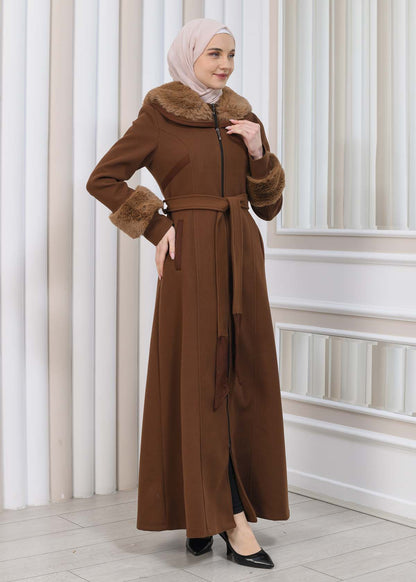 FURRY HOODED ZIPPERED OVERSIZED SUEDE TOPCOAT 1353 - Braun