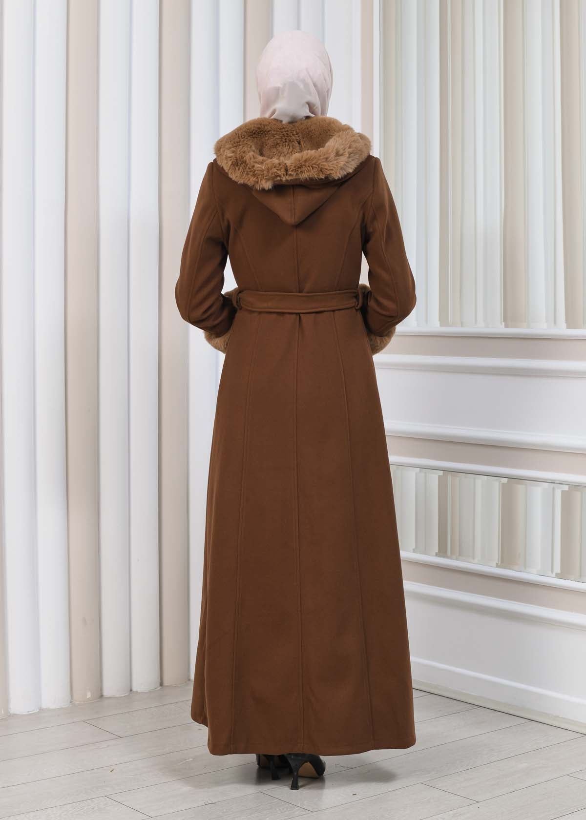 FURRY HOODED ZIPPERED OVERSIZED SUEDE TOPCOAT 1353 - Braun