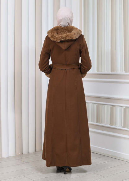 FURRY HOODED ZIPPERED OVERSIZED SUEDE TOPCOAT 1353 - Braun