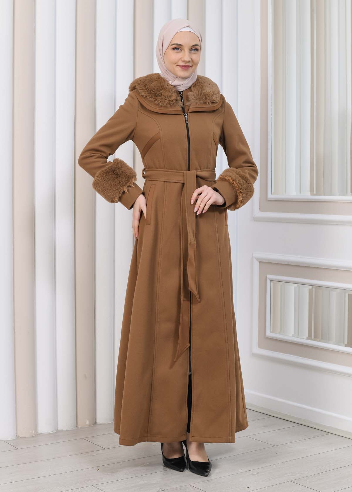 FURRY HOODED ZIPPERED OVERSIZED SUEDE TOPCOAT 1353 - Cognac