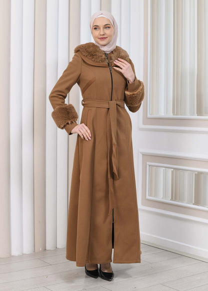 FURRY HOODED ZIPPERED OVERSIZED SUEDE TOPCOAT 1353 - Cognac