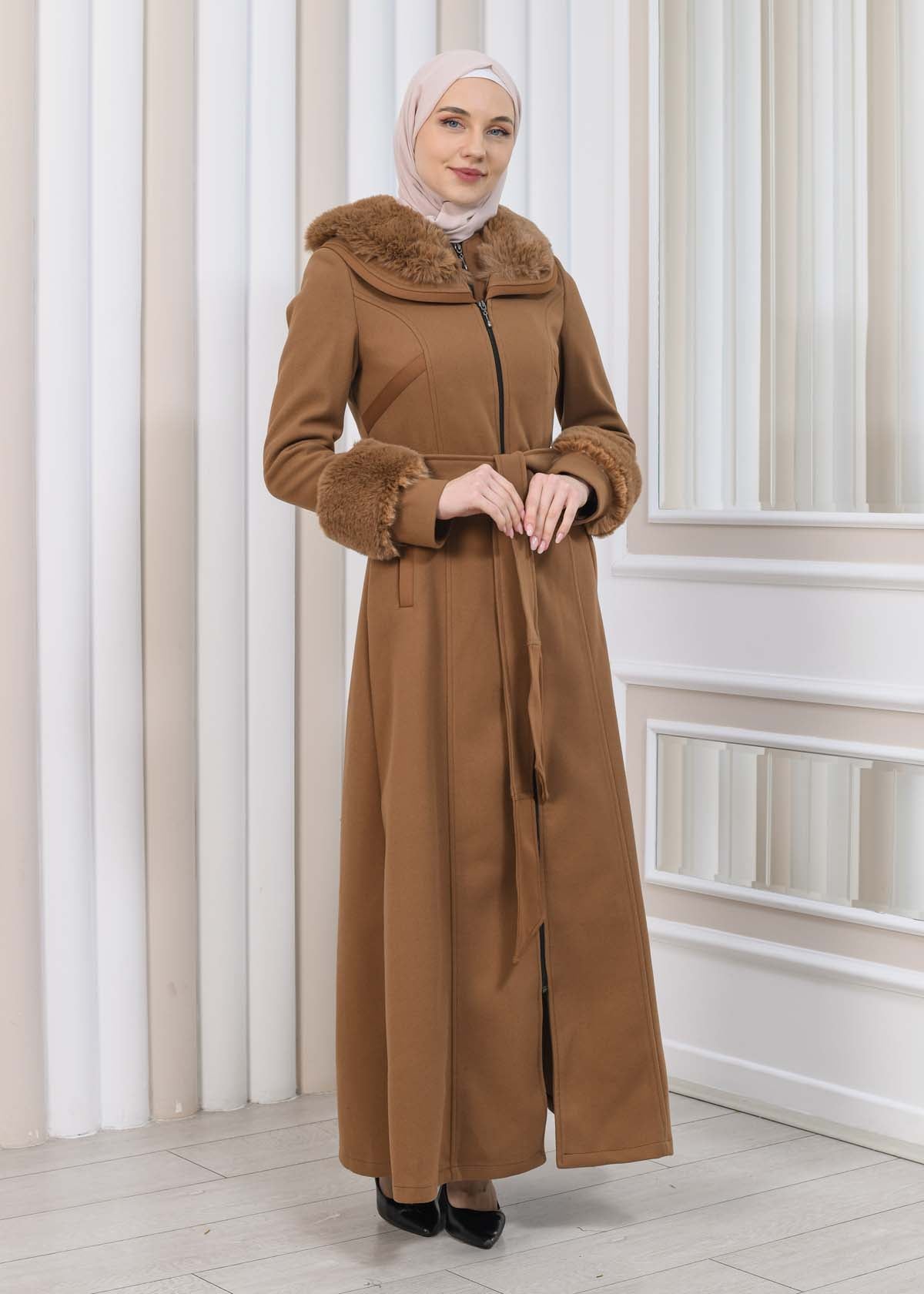 FURRY HOODED ZIPPERED OVERSIZED SUEDE TOPCOAT 1353 - Cognac