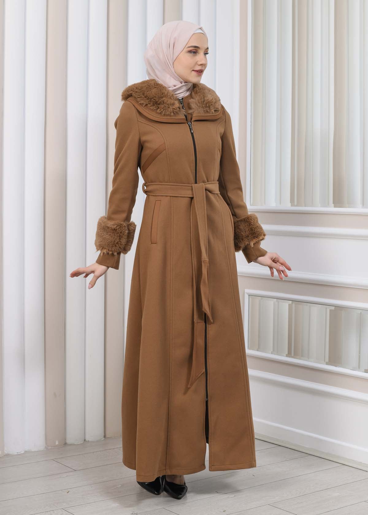 FURRY HOODED ZIPPERED OVERSIZED SUEDE TOPCOAT 1353 - Cognac