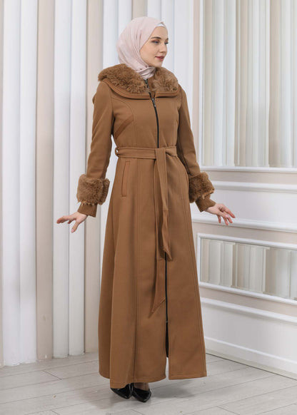 FURRY HOODED ZIPPERED OVERSIZED SUEDE TOPCOAT 1353 - Cognac