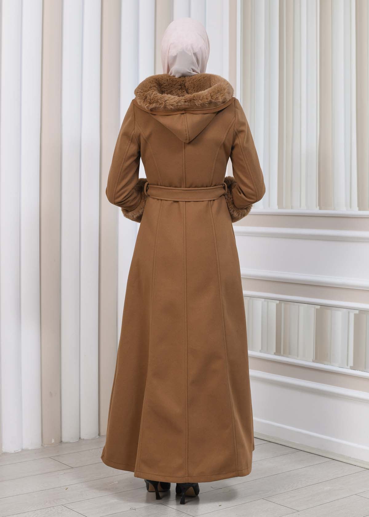 FURRY HOODED ZIPPERED OVERSIZED SUEDE TOPCOAT 1353 - Cognac