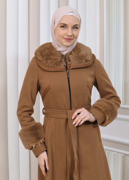 FURRY HOODED ZIPPERED OVERSIZED SUEDE TOPCOAT 1353 - Cognac