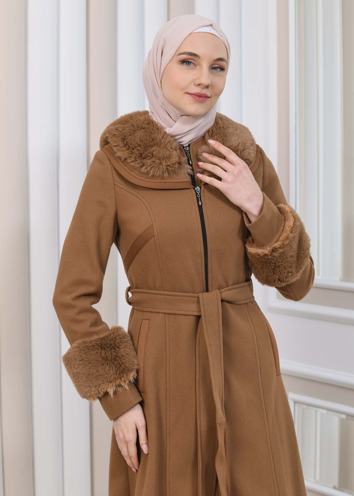 FURRY HOODED ZIPPERED OVERSIZED SUEDE TOPCOAT 1353 - Cognac