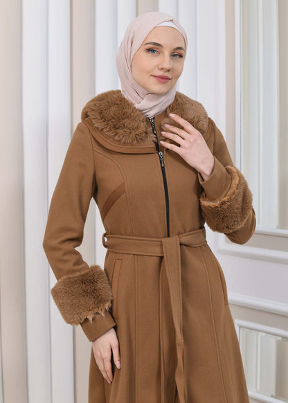 FURRY HOODED ZIPPERED OVERSIZED SUEDE TOPCOAT 1353 - Cognac