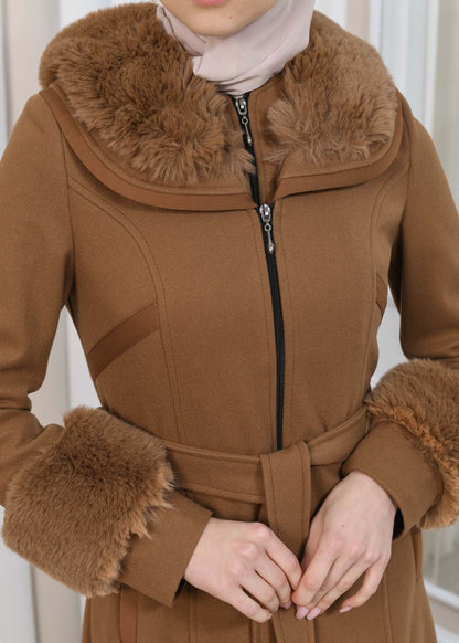 FURRY HOODED ZIPPERED OVERSIZED SUEDE TOPCOAT 1353 - Cognac