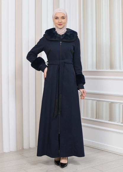 FURRY HOODED ZIPPERED OVERSIZED SUEDE TOPCOAT 1353 - Dunkelblau