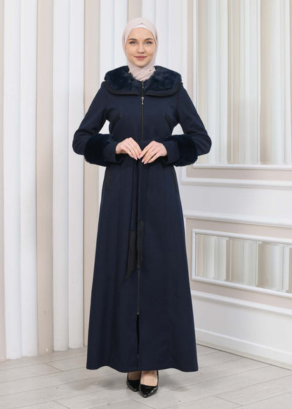 FURRY HOODED ZIPPERED OVERSIZED SUEDE TOPCOAT 1353 - Dunkelblau