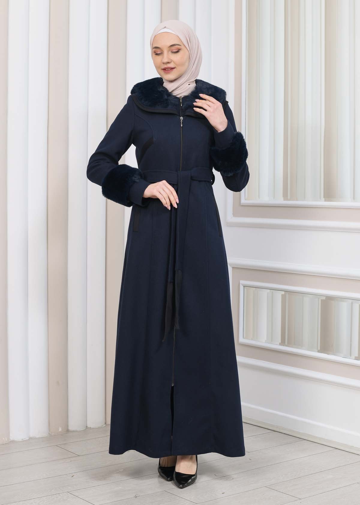 FURRY HOODED ZIPPERED OVERSIZED SUEDE TOPCOAT 1353 - Dunkelblau