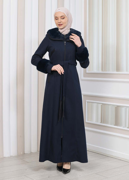 FURRY HOODED ZIPPERED OVERSIZED SUEDE TOPCOAT 1353 - Dunkelblau