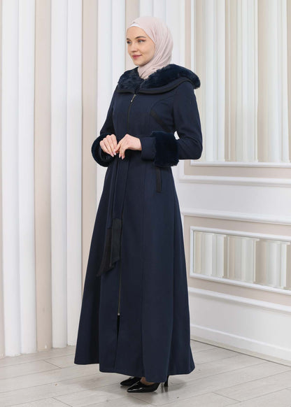 FURRY HOODED ZIPPERED OVERSIZED SUEDE TOPCOAT 1353 - Dunkelblau