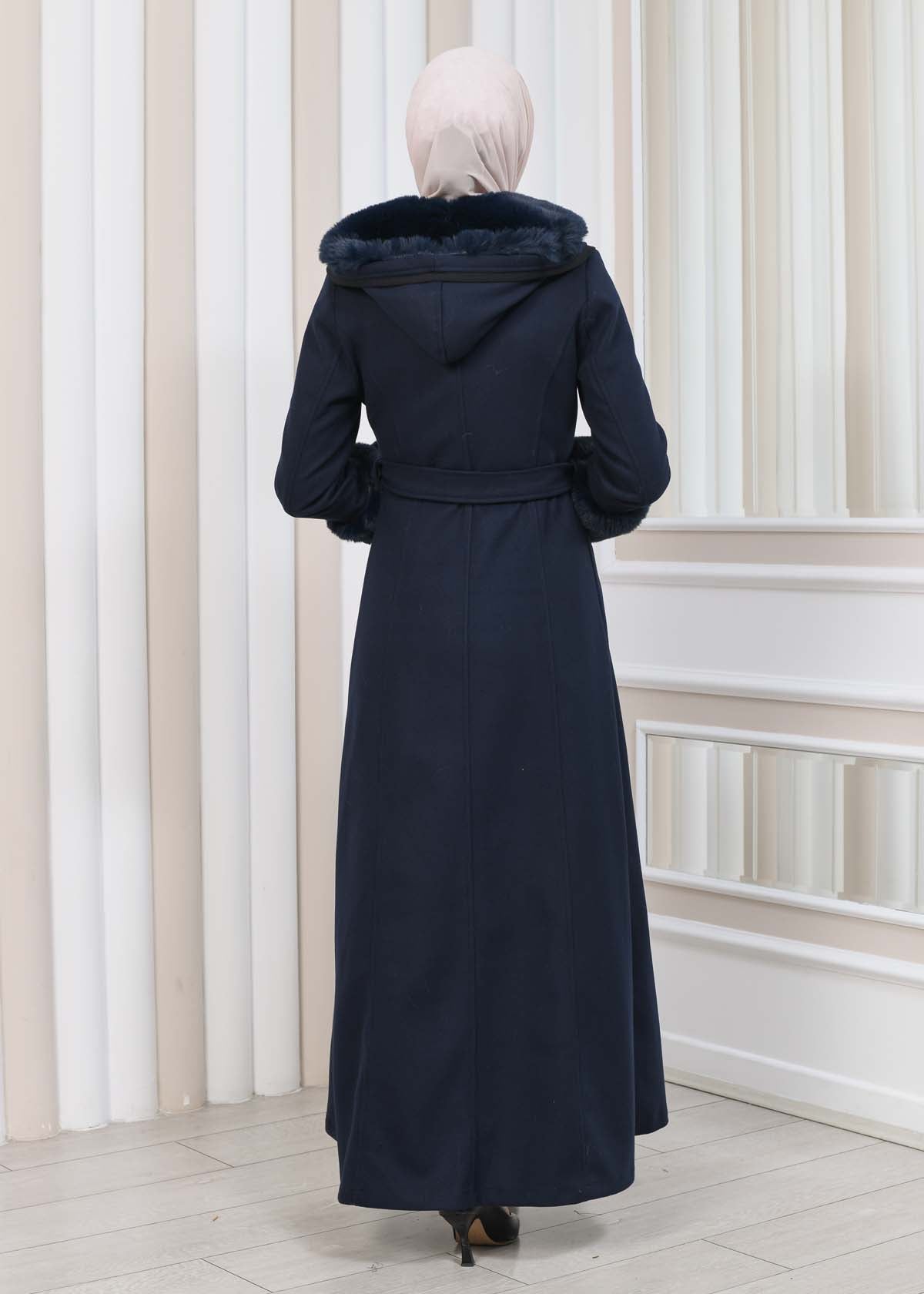 FURRY HOODED ZIPPERED OVERSIZED SUEDE TOPCOAT 1353 - Dunkelblau