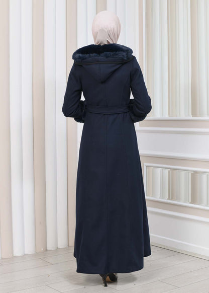 FURRY HOODED ZIPPERED OVERSIZED SUEDE TOPCOAT 1353 - Dunkelblau