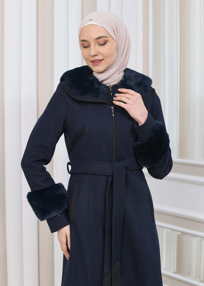 FURRY HOODED ZIPPERED OVERSIZED SUEDE TOPCOAT 1353 - Dunkelblau