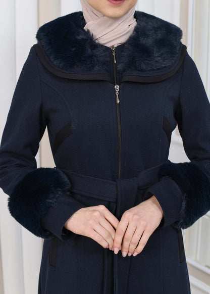 FURRY HOODED ZIPPERED OVERSIZED SUEDE TOPCOAT 1353 - Dunkelblau