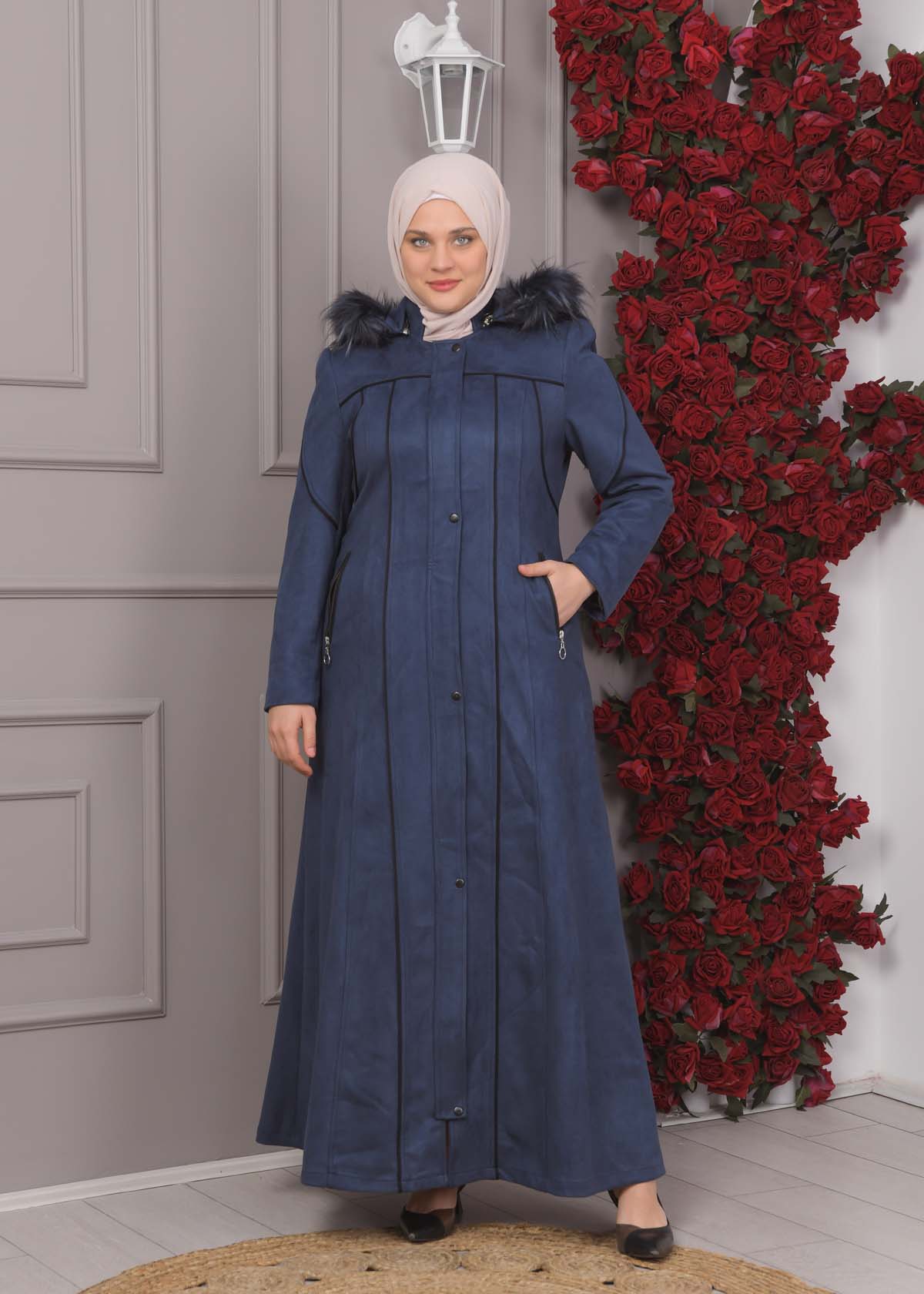 Damen Wildleder-Mantel in Übergrößen mit abnehmbarer Kapuze 1354 - Dunkelblau