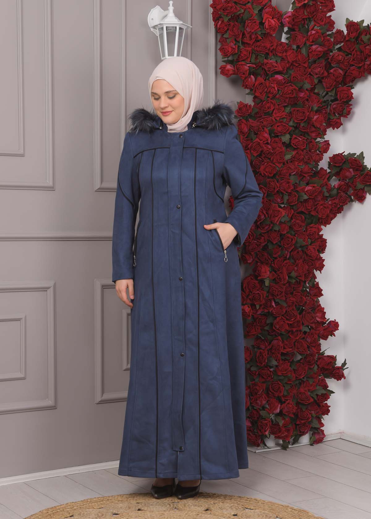 Damen Wildleder-Mantel in Übergrößen mit abnehmbarer Kapuze 1354 - Dunkelblau