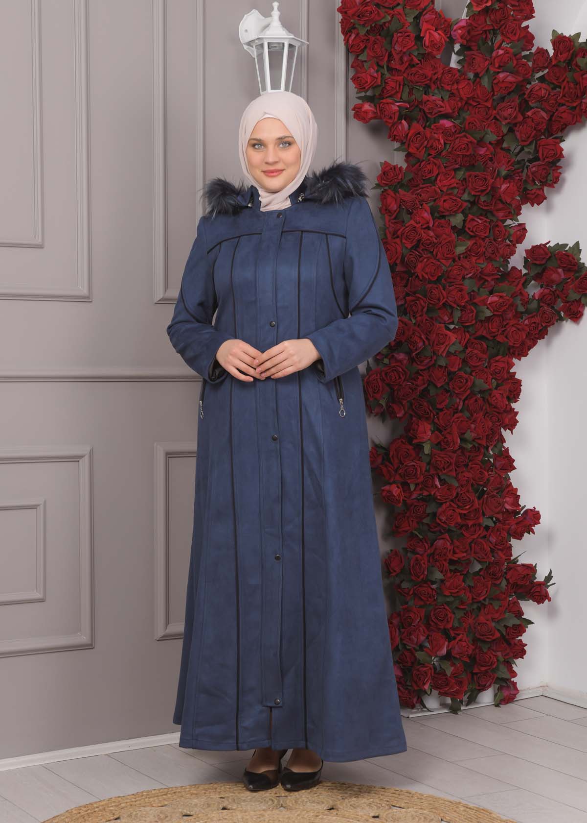 Damen Wildleder-Mantel in Übergrößen mit abnehmbarer Kapuze 1354 - Dunkelblau