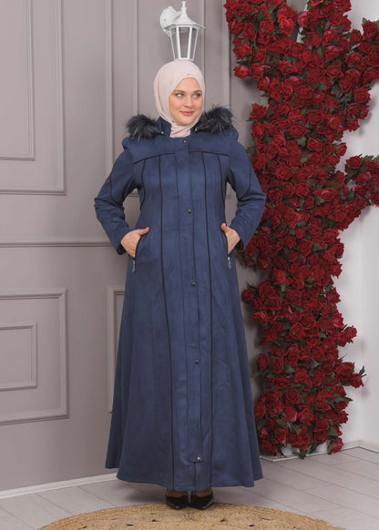 Damen Wildleder-Mantel in Übergrößen mit abnehmbarer Kapuze 1354 - Dunkelblau