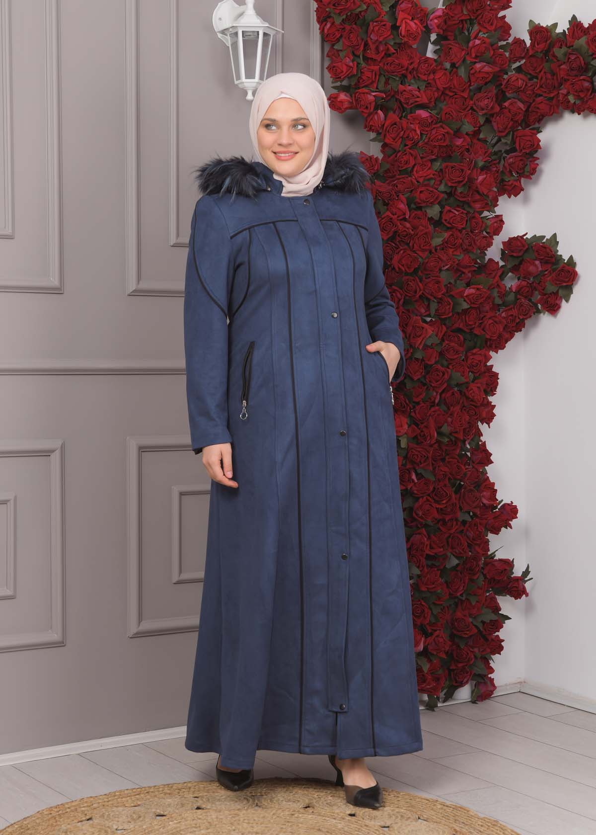 Damen Wildleder-Mantel in Übergrößen mit abnehmbarer Kapuze 1354 - Dunkelblau