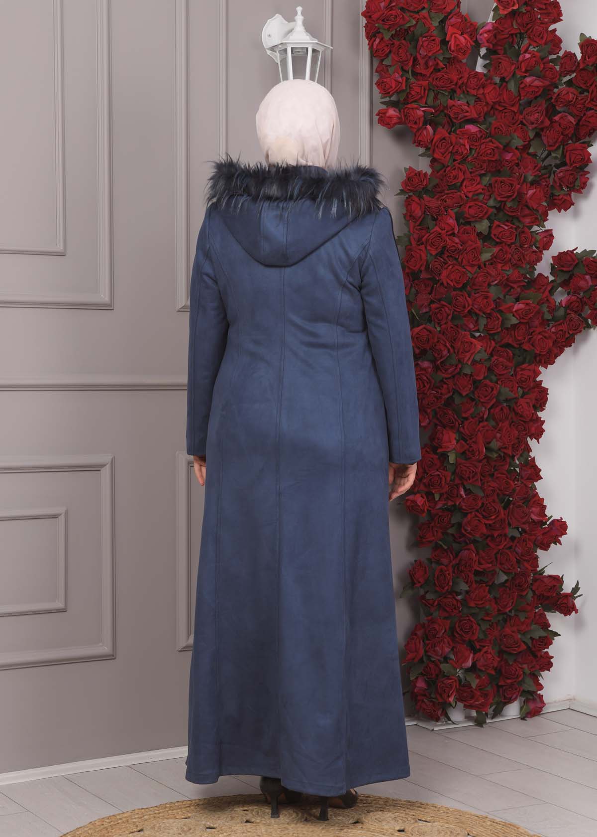 Damen Wildleder-Mantel in Übergrößen mit abnehmbarer Kapuze 1354 - Dunkelblau