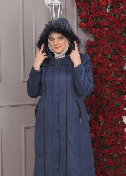 Damen Wildleder-Mantel in Übergrößen mit abnehmbarer Kapuze 1354 - Dunkelblau