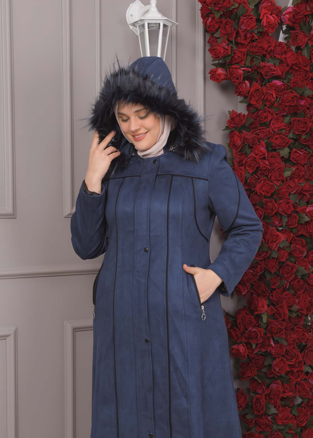 Damen Wildleder-Mantel in Übergrößen mit abnehmbarer Kapuze 1354 - Dunkelblau