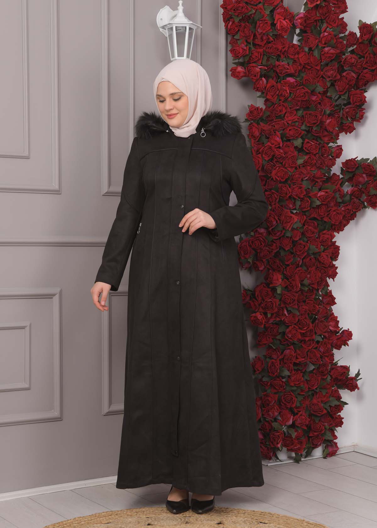 Damen Wildleder-Mantel in Übergrößen mit abnehmbarer Kapuze 1354 - Schwarz