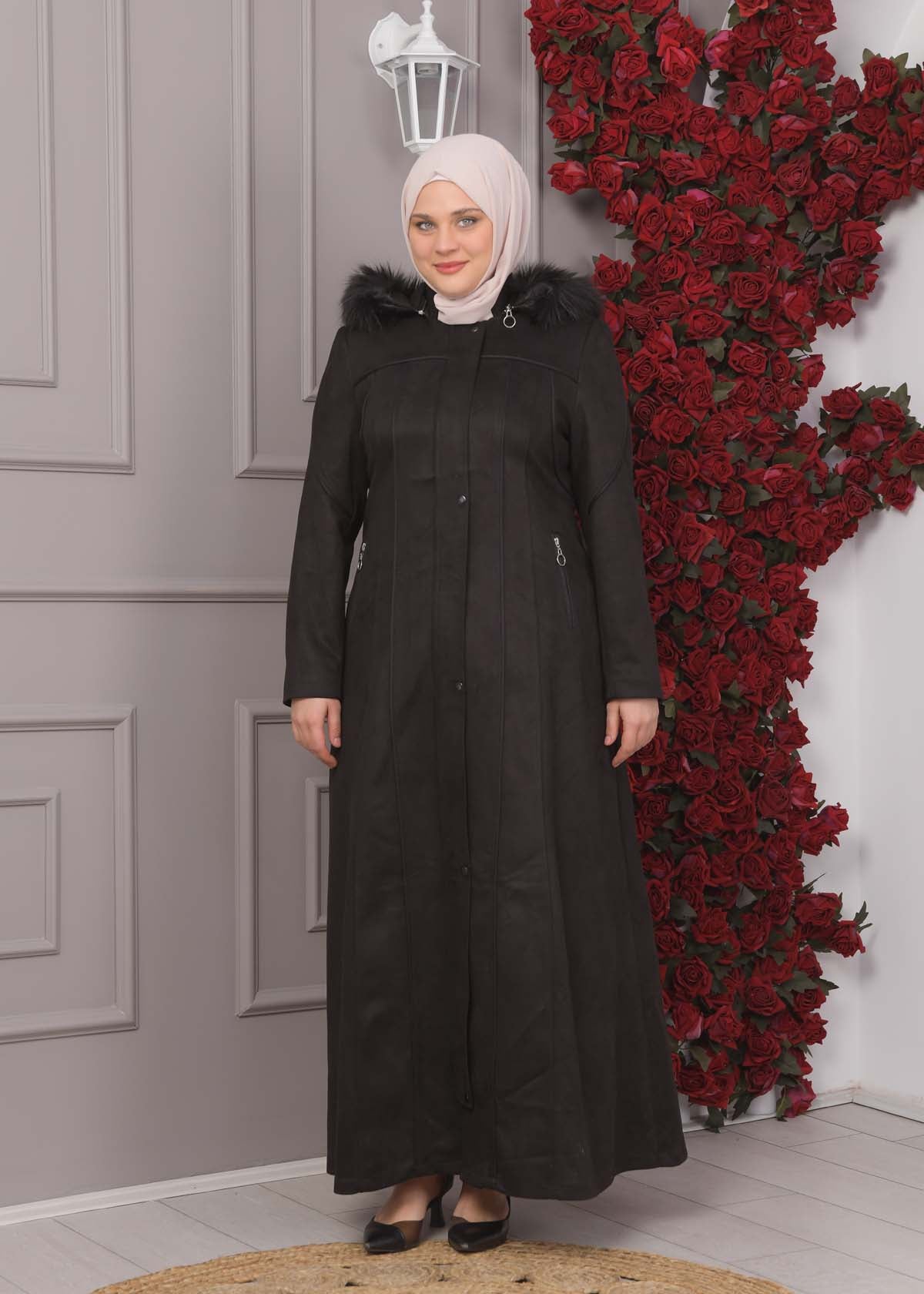 Damen Wildleder-Mantel in Übergrößen mit abnehmbarer Kapuze 1354 - Schwarz