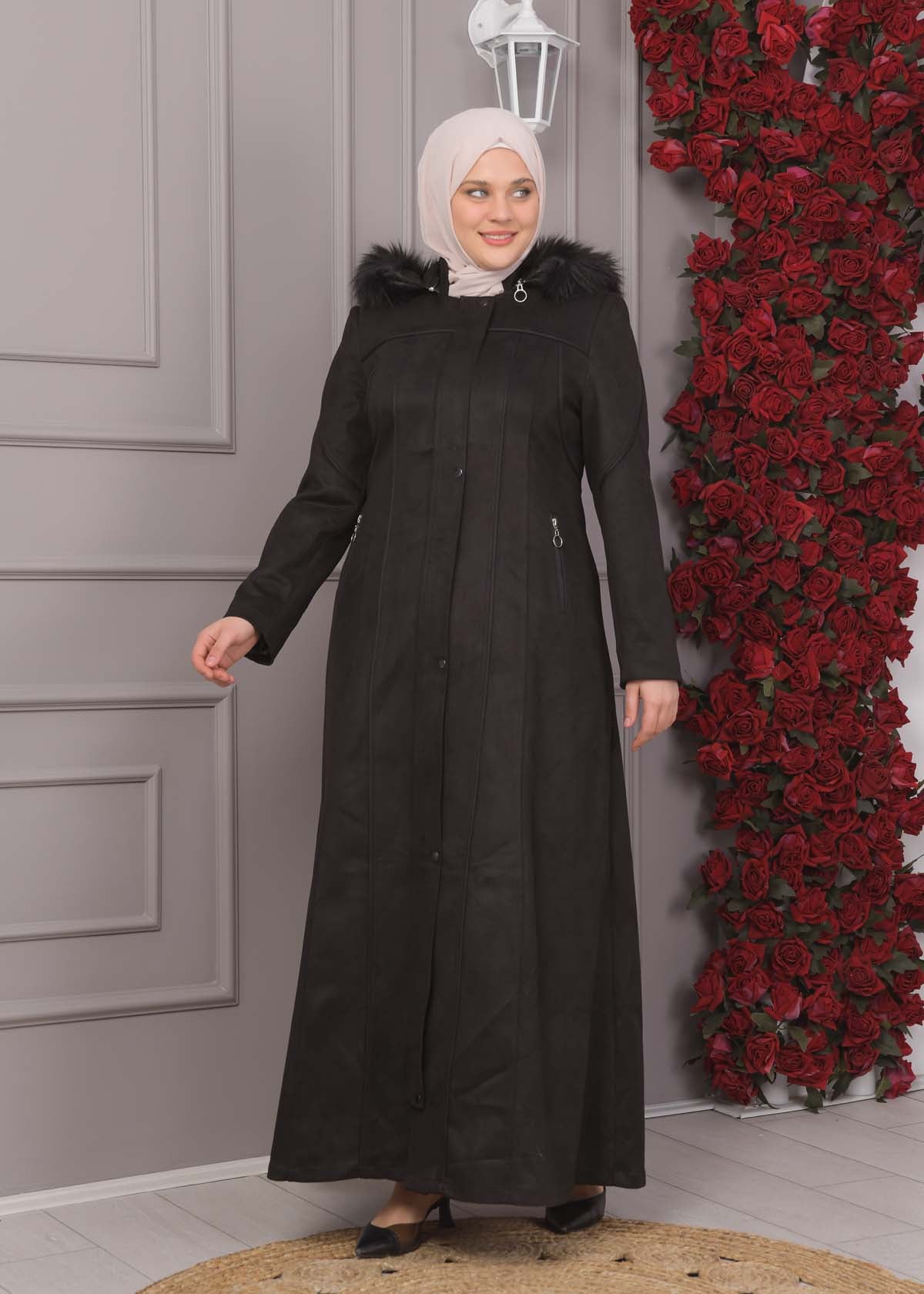 Damen Wildleder-Mantel in Übergrößen mit abnehmbarer Kapuze 1354 - Schwarz