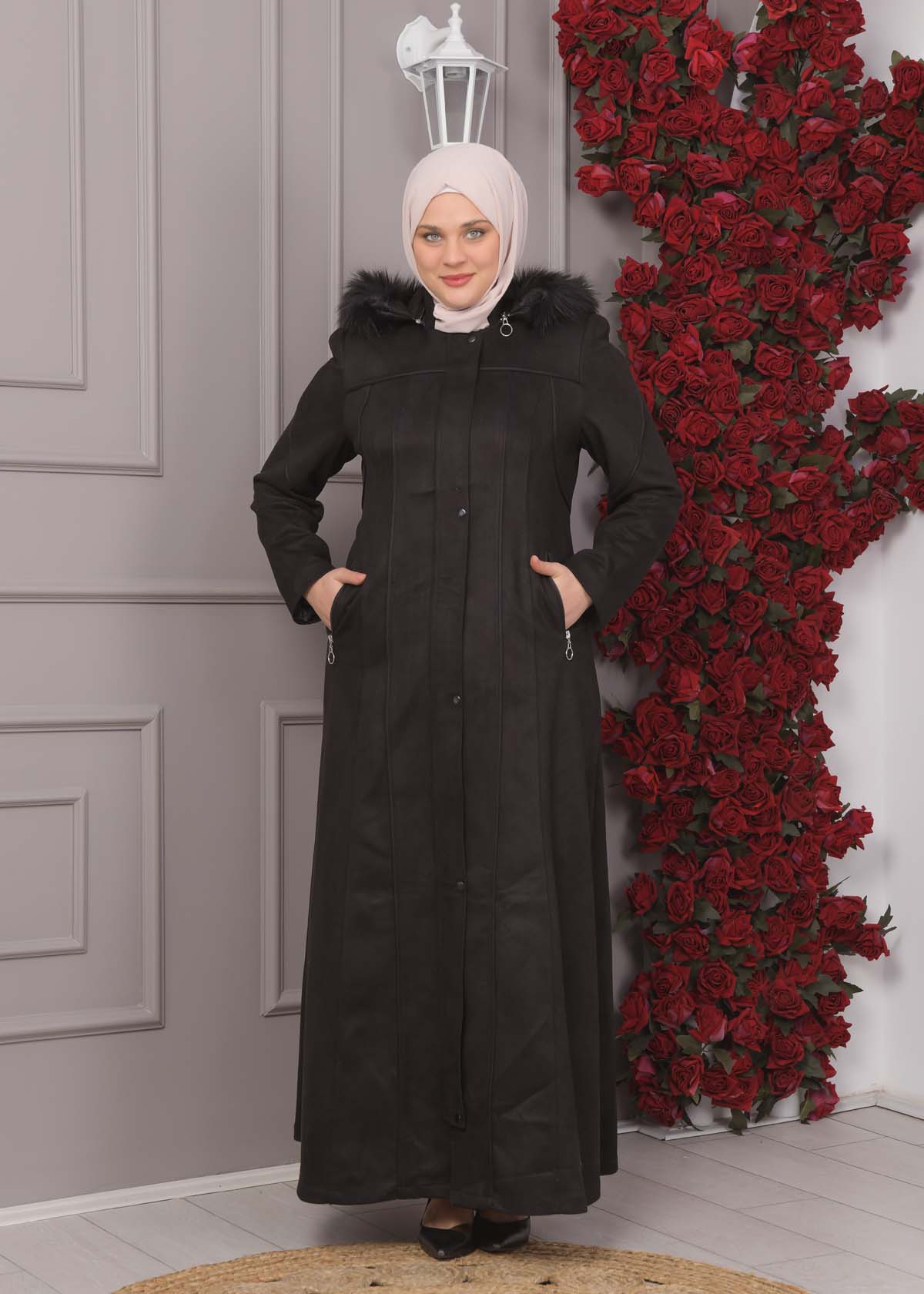 Damen Wildleder-Mantel in Übergrößen mit abnehmbarer Kapuze 1354 - Schwarz