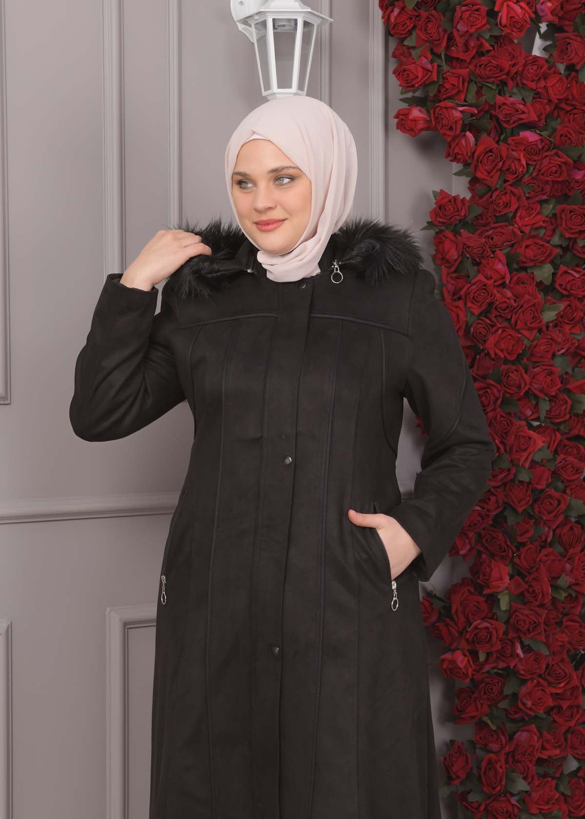 Damen Wildleder-Mantel in Übergrößen mit abnehmbarer Kapuze 1354 - Schwarz