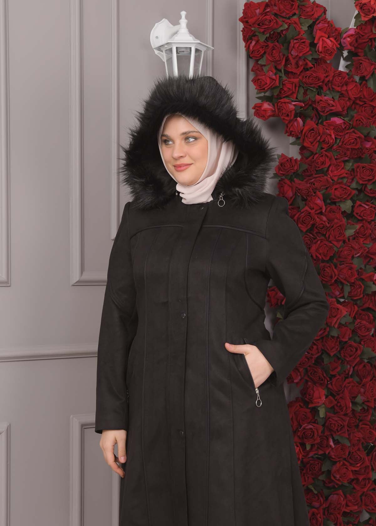 Damen Wildleder-Mantel in Übergrößen mit abnehmbarer Kapuze 1354 - Schwarz