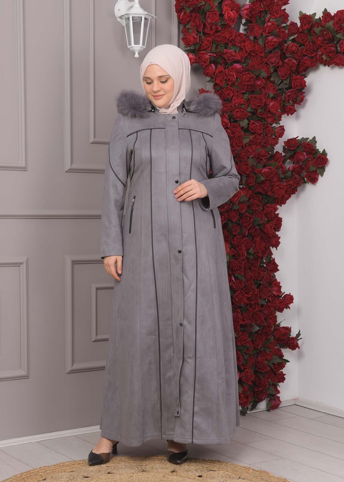 Damen Wildleder-Mantel in Übergrößen mit abnehmbarer Kapuze 1354 - Grau