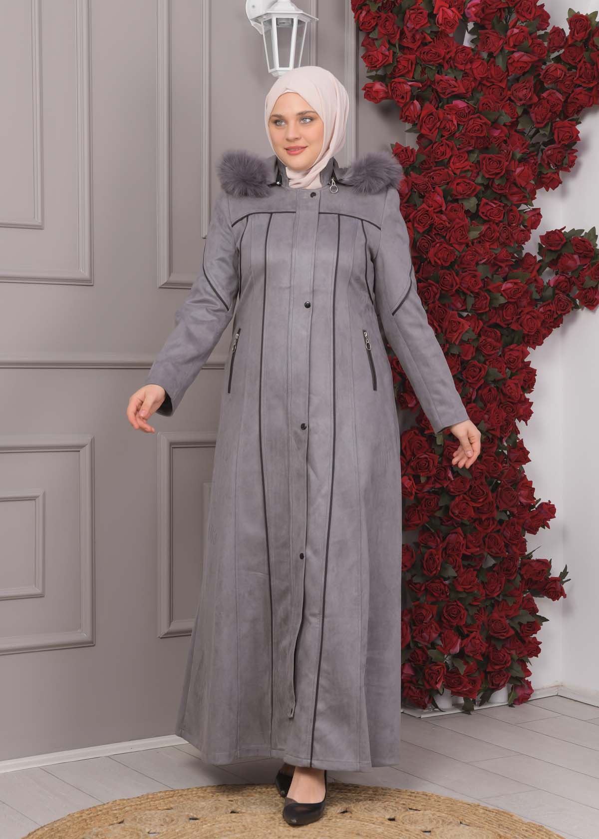 Damen Wildleder-Mantel in Übergrößen mit abnehmbarer Kapuze 1354 - Grau