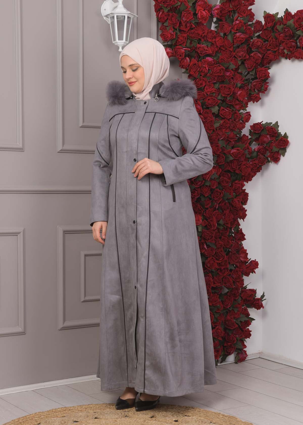 Damen Wildleder-Mantel in Übergrößen mit abnehmbarer Kapuze 1354 - Grau