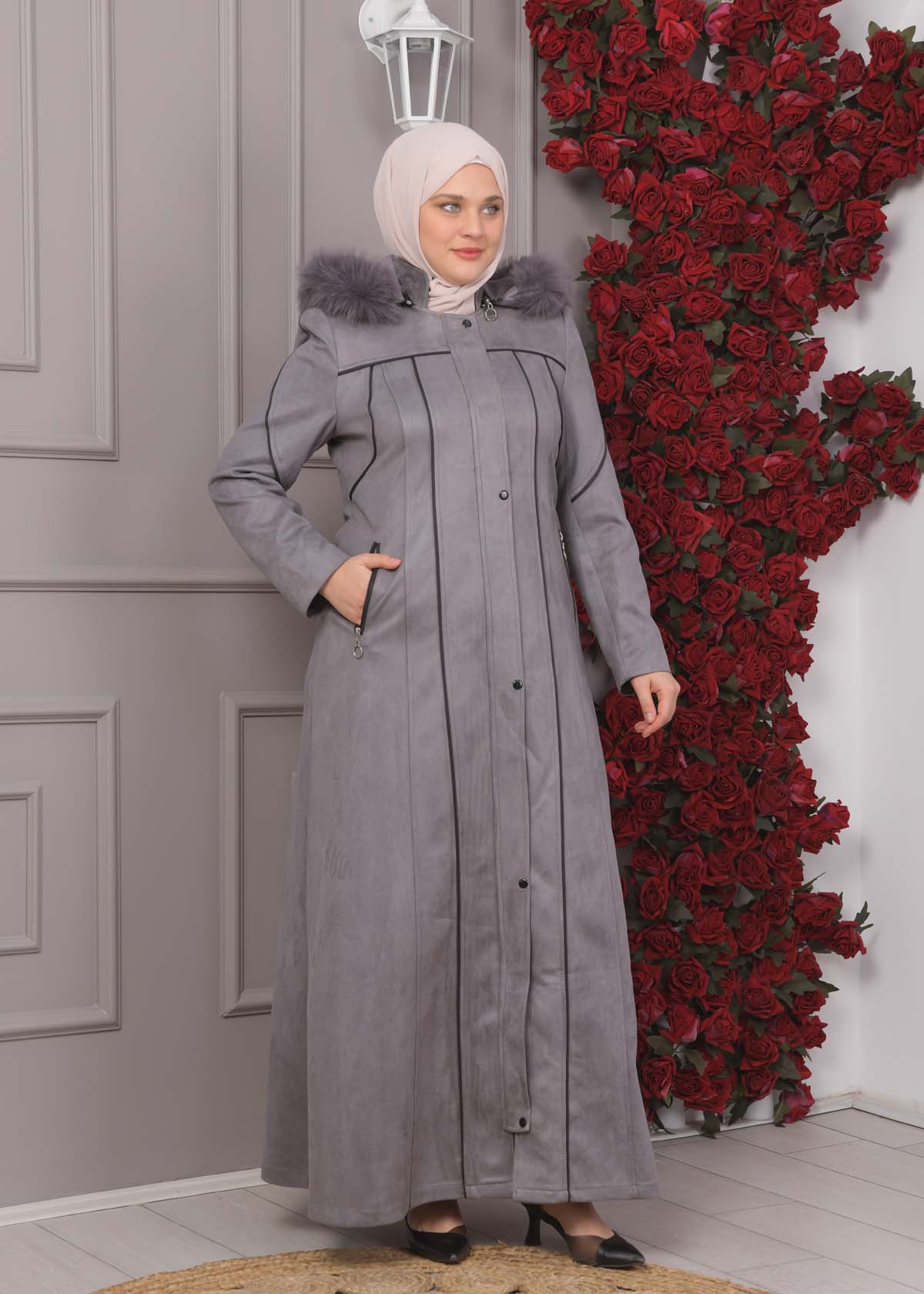 Damen Wildleder-Mantel in Übergrößen mit abnehmbarer Kapuze 1354 - Grau