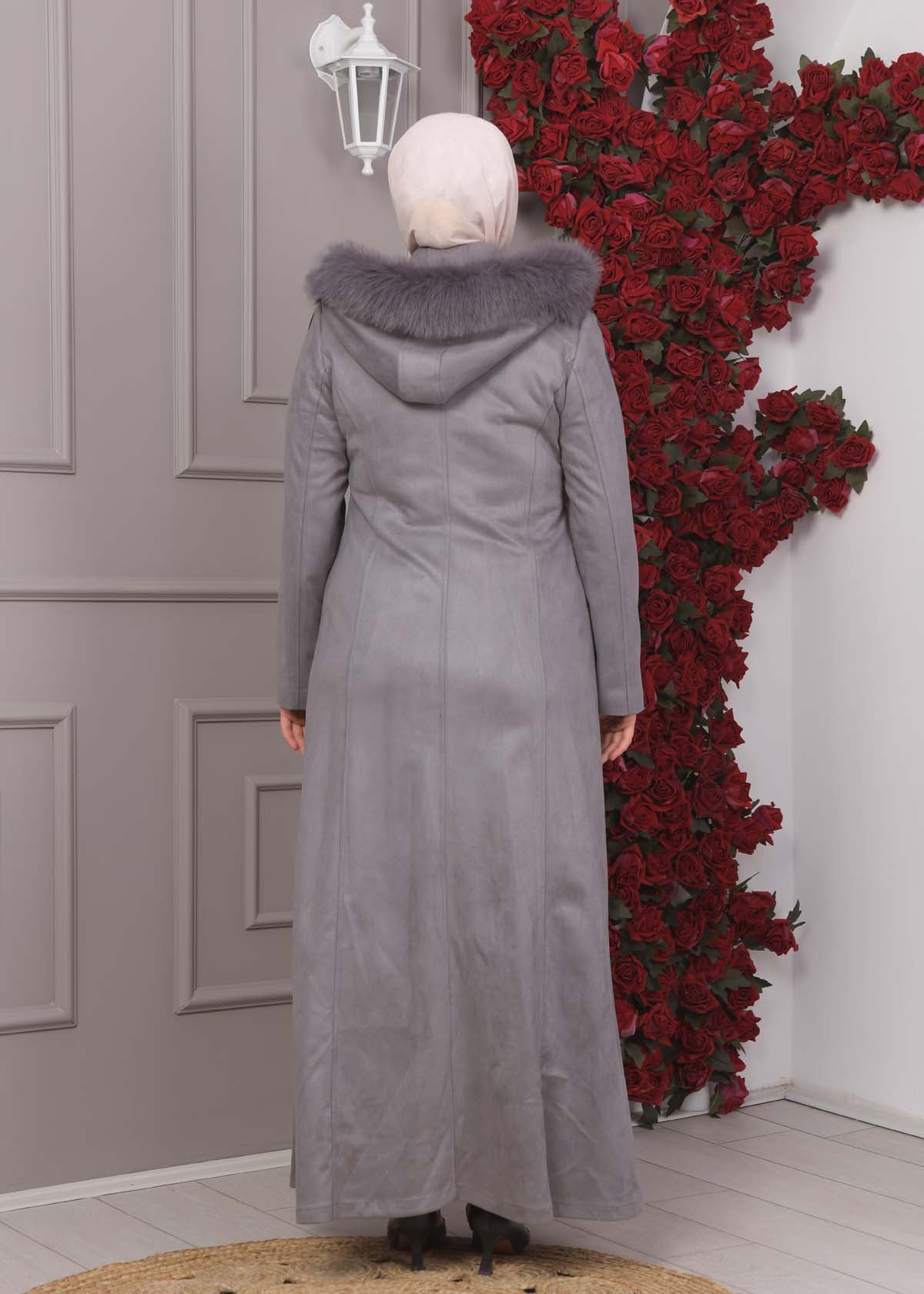 Damen Wildleder-Mantel in Übergrößen mit abnehmbarer Kapuze 1354 - Grau