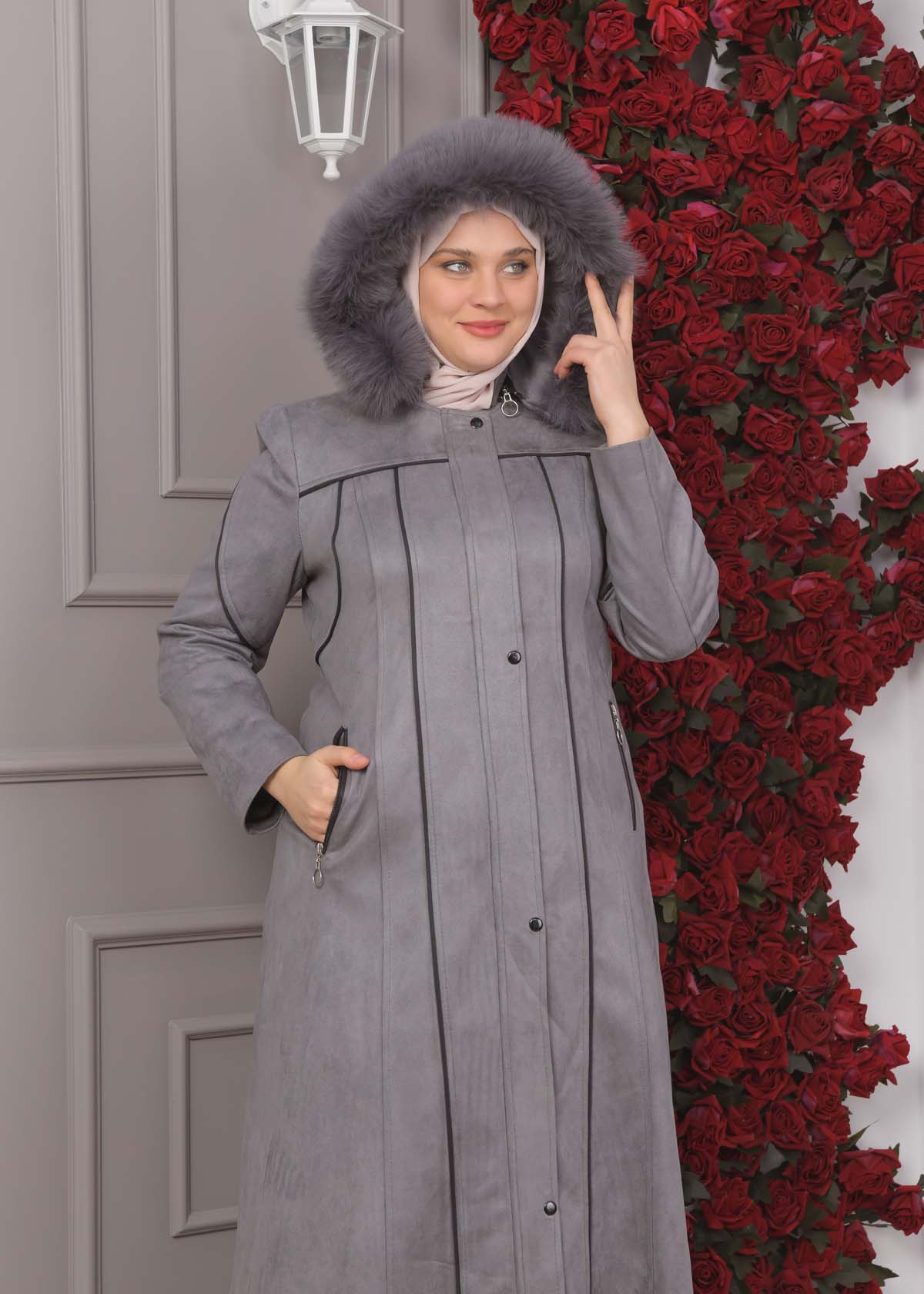 Damen Wildleder-Mantel in Übergrößen mit abnehmbarer Kapuze 1354 - Grau